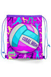 Coral High Kids Pembe Mor Voleybol Desenli İpli Büzgülü Sırt Çantası 12649