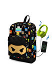 Coral High Kids Siyah Ninja Desenli USB Şarjlı Kulaklık Çıkışlı Okul Sırt Çantası 23285