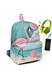 Coral High Yeşil Flamingolu Üç Bölmeli USB Şarjlı Kulaklık Çıkışlı Sırt Çantası 23423