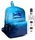 Coral High Mavi Degradeli Üç Gözlü Okul ve Günlük Sırt Çantası - USB+AUX Soketli