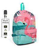 Coral High Yeşil Pembe Flamingo Desenli Sırt Çantası - Okul ve Günlük - USB+AUX Soketli