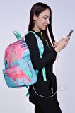 Coral High Yeşil Pembe Flamingo Desenli Sırt Çantası - Okul ve Günlük - USB+AUX Soketli