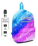 Coral High Saks Mavi ve Pembe Desenli Sırt Çantası - Okul ve Günlük - USB+AUX Soketli