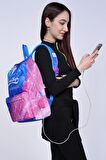 Coral High Saks Mavi ve Pembe Desenli Sırt Çantası - Okul ve Günlük - USB+AUX Soketli