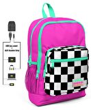 Coral High Pembe Damalı İlkokul ve Günlük Sırt Çantası - Kız Çocuk - USB ve AUX Soketli