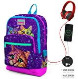 Coral High Mor Kediler İlkokul ve Günlük Sırt Çantası - Kız Çocuk - USB Soketli