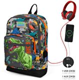 Coral High Gri Yeşil Dinazor İlkokul ve Günlük Sırt Çantası - Erkek Çocuk - USB Soketli