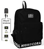 Coral High Logo Nakışlı Siyah Ortaokul, Lise ve Günlük Sırt Çantası(USB VE AUX SOKETLİ)