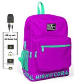 Coral High Logo Nakışlı Mor-Yeşil Ortaokul, Lise ve Günlük Sırt Çantası(USB VE AUX SOKETLİ)
