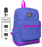 Coral High Logo Nakışlı Mor Ortaokul, Lise ve Günlük Sırt Çantası(USB VE AUX SOKETLİ)