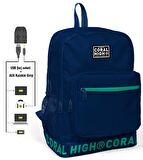 Coral High Logo Nakışlı Lacivert Ortaokul, Lise ve Günlük Sırt Çantası(USB VE AUX SOKETLİ)