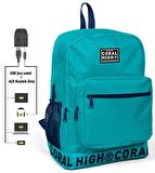 Coral High Logo Nakışlı Turkuaz Ortaokul, Lise ve Günlük Sırt Çantası(USB VE AUX SOKETLİ)