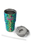 Coral High 600 ml Pipetli ve Kulplu Yeşil Mor Leopar Desenli Kız Çocuk Matara 38911