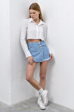 Kadın İce Mavi Renk Önü Düğmeli Denim Şort Etek