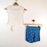 Kız Çocuk İkili Takım Baskılı Ekru T-Shirt Puanlı Mavi Şort