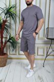 SPARKMOD Baskılı Füme Fit Çizgi Detaylı Short Eşofman Takımı