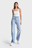 Kadın Kot Rengi T6-2S5-3 Önü Parlak Taşlı Straight Fit %100 Koton Tasarım Denim Jean