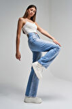 Kadın Kot Rengi T6-2S5-3 Önü Parlak Taşlı Straight Fit %100 Koton Tasarım Denim Jean