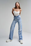 Kadın Kot Rengi T6-2S5-3 Önü Parlak Taşlı Straight Fit %100 Koton Tasarım Denim Jean
