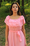 Dipmoda kadın pembe kuşaklı madonna yaka baby shower elbise DP8060