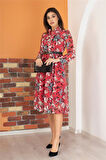 Dipmoda kadın kırmızı kemerli çiçek desenli şifon elbise RY0031