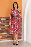 Dipmoda kadın kırmızı kemerli çiçek desenli şifon elbise RY0031