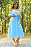 Dipmoda kadın bebe mavisi kuşaklı madonna yaka baby shower elbise DP8060