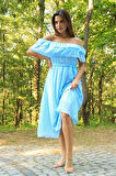Dipmoda kadın bebe mavisi kuşaklı madonna yaka baby shower elbise DP8060