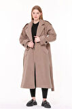 Dipmoda kadın kuşaklı oversize yün kaşe kaban DPPLTN02 - Camel
