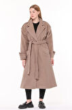 Dipmoda kadın kuşaklı oversize yün kaşe kaban DPPLTN02 - Camel