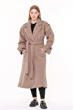 Dipmoda kadın kuşaklı oversize yün kaşe kaban DPPLTN02 - Camel
