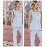 BONE CLUB 4708 MAVİ   YENİ SEZON OMUZ DANTEL LOHUSA PİJAMA TAKIM