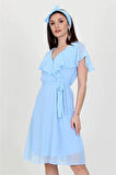 Dipmoda Kadın Bebe mavisi Kruvaze Yaka Bağlama Detaylı Yeni Sezon Şifon Elbise DP8081