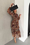 Dipmoda kadın eteği kat kat leopar desenli şifon elbise DPKKLF2036