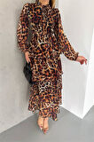 Dipmoda kadın eteği kat kat leopar desenli şifon elbise DPKKLF2036