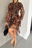 Dipmoda kadın eteği kat kat leopar desenli şifon elbise DPKKLF2036