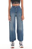 Kadın Tint Kot Rengi Kargo Cep Paça Lastikli Jogger Fit Denim