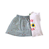 Kız Çocuk Baskılı Beyaz T-Shirt Nakış Baskılı Mavi Etek İkili Takım