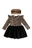 Kız Çocuk  Leopar Desenli Uzun Kollu Fırfırlı Elbise Bandana Takım ELB-0059