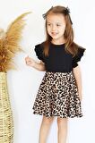 Leopar Fırfır Kollu Elbise Toka Takım