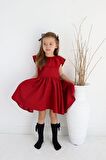 Kız Çocuk Bordo Cherry Fiyonklu Fırfırlı Elbise Toka Takım