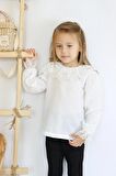 Kız Çocuk Ekru Dantel Detaylı Uzun Kollu Çıtçıtlı Bluz Gömlek Body