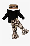 Kız Çocuk Leopar Ispanyol Uzun Kollu Alt Üst Bandana Takım