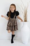 Kız Çocuk Helen Leopar Askılı Bağlama Jile 29 Ekim Elbise Siyah Dantel Kısa Kollu Bluz Abiye Takım