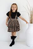 Kız Çocuk Helen Leopar Askılı Bağlama Jile 29 Ekim Elbise Siyah Dantel Kısa Kollu Bluz Abiye Takım