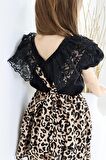 Kız Çocuk Helen Leopar Askılı Bağlama Jile 29 Ekim Elbise Siyah Dantel Kısa Kollu Bluz Abiye Takım