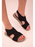  İnce Tabanlı Önü Açık Örgü Desenli Lastikli Triko Kadın Sandalet 