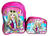 Kız Çocuk Pembe Brbi Baskılı 2 Bölmeli İlkokul Çantası Seti 