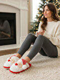 Kadın Yılbaşı Özel Tasarım Sessiz Yumuşak Taban Kışlık Ev Terliği Noel Baba Figürlü Pofuduk Terlik 