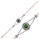 Lucky Life 925 Ayar Gumuss  Rose Yeşil Taşlı Otantik Bayan Bileklik